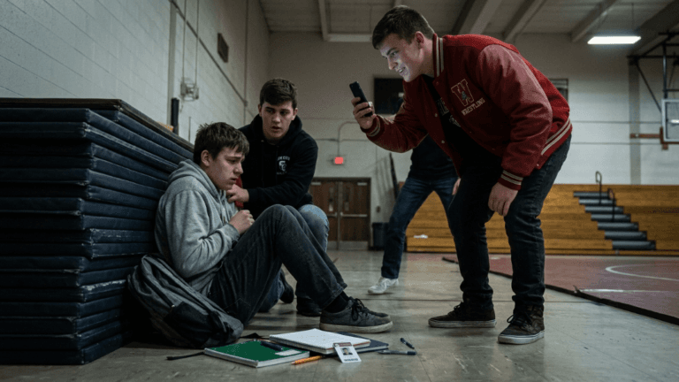 Three arrogant athletes pinned a mute, autistic boy to the floor of the training room for a live broadcast… But when the head coach saw a faded ID card fall out of the boy’s backpack, the room fell silent.